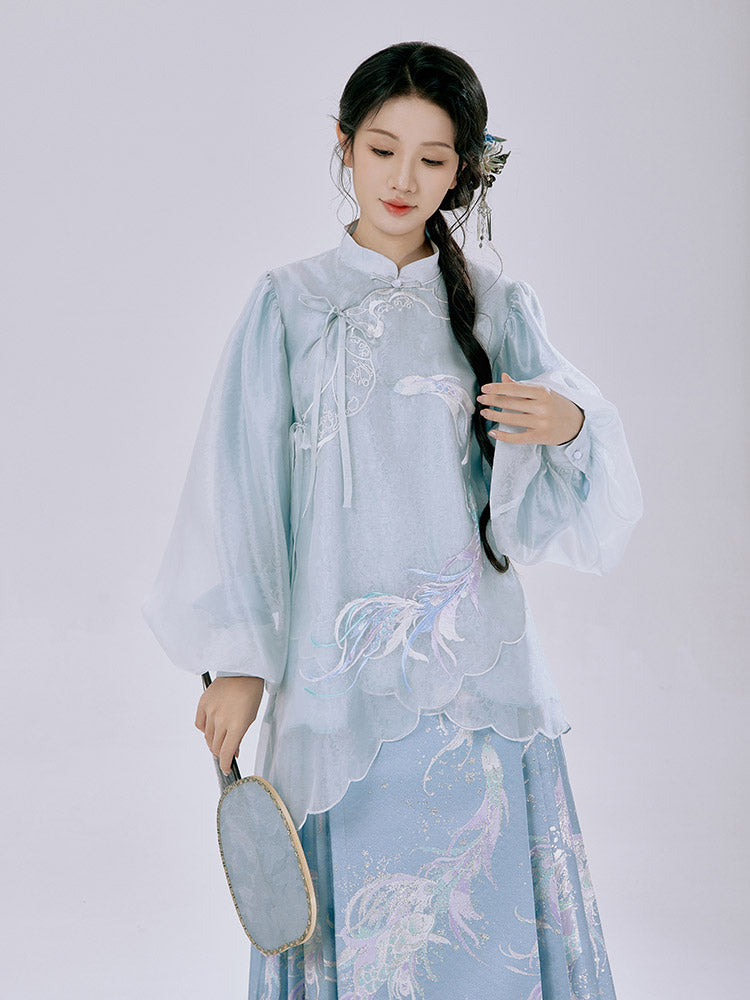 Spiritual Fish and Sea Waves – Dreamy Blue Hanfu Set with Horse Face Skirt Mamianqun Set-Lovesyouforever