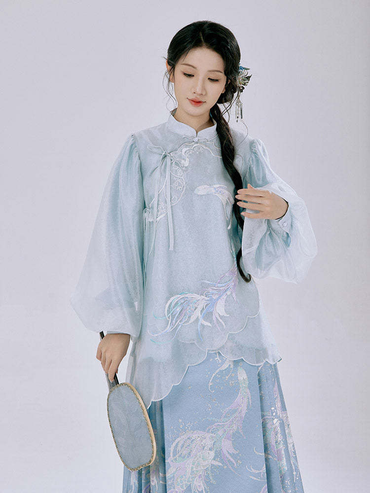 Spiritual Fish and Sea Waves – Dreamy Blue Hanfu Set with Horse Face Skirt Mamianqun Set-Lovesyouforever
