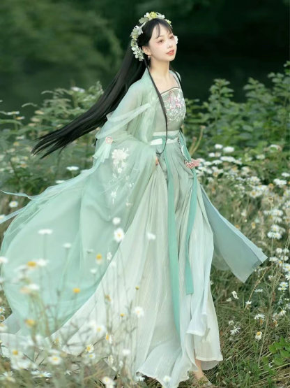 Chinese Style Vintage Flower Embroidery Sprout Green Hanfu Clothing Costume Daily Wear(4PCS)-Lovesyouforever