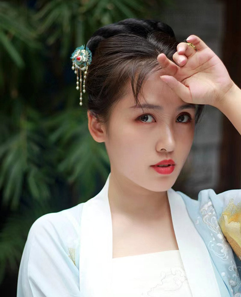 Retro Chinese Style Blue Cloisonne Pearl Tassel Hairpin Hanfu Accessory-Lovesyouforever