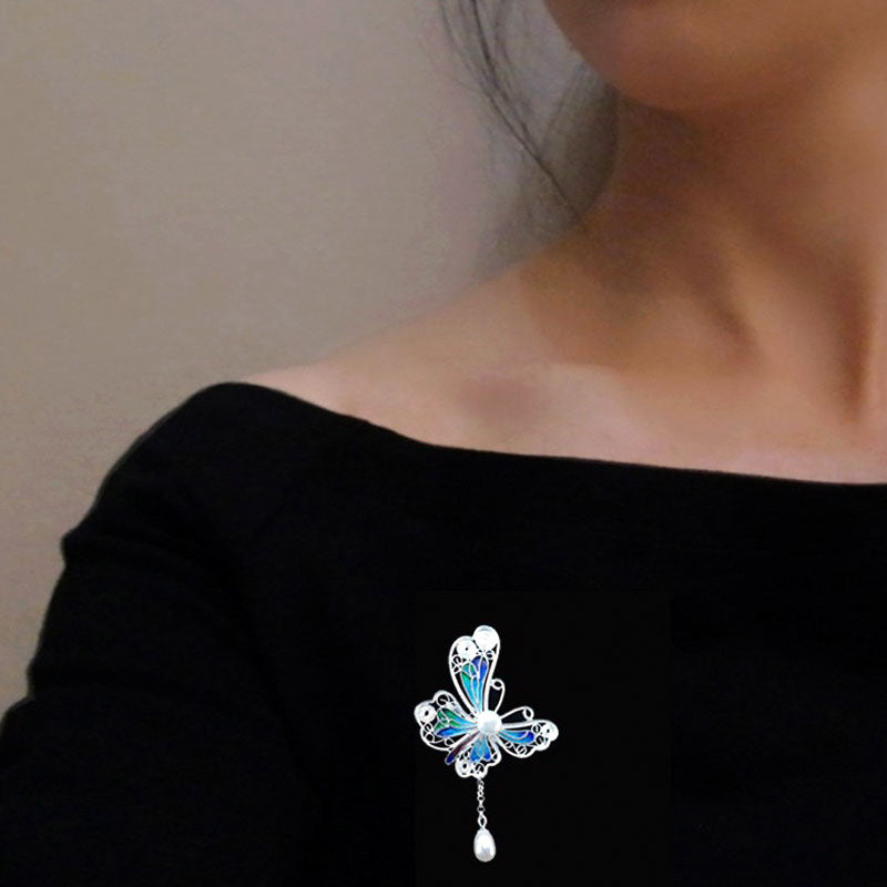 Vintage Cloisonné Silver Filigree Butterfly Inlaid Natural Freshwater Pearl Pendant / Brooch Jewelry Gift-Lovesyouforever
