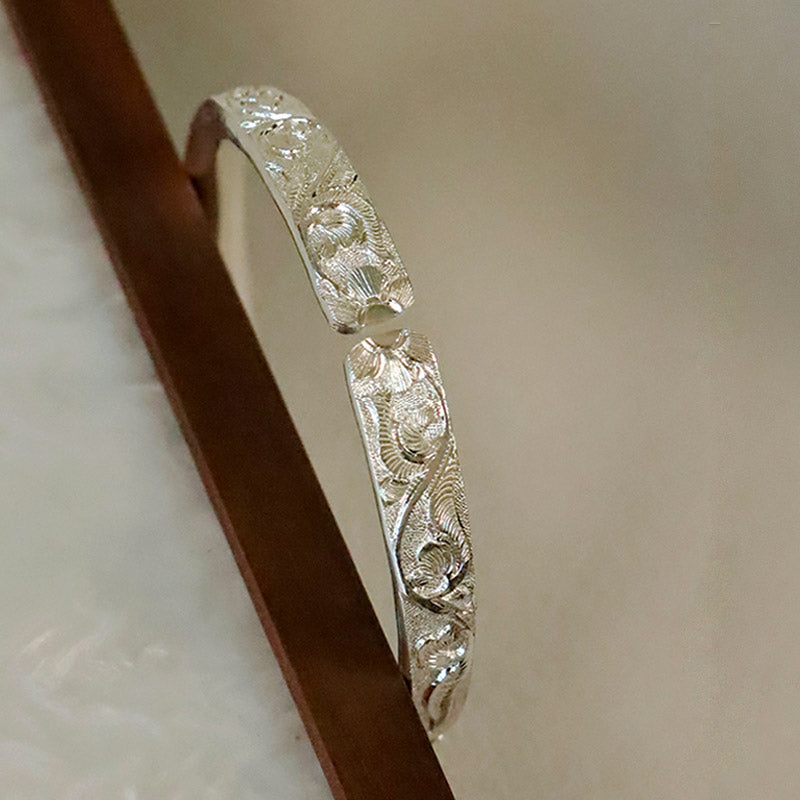 Hand Carved Chinese Style Vintage Vine Pattern Pure Solid Silver Bangle Bracelet-Lovesyouforever