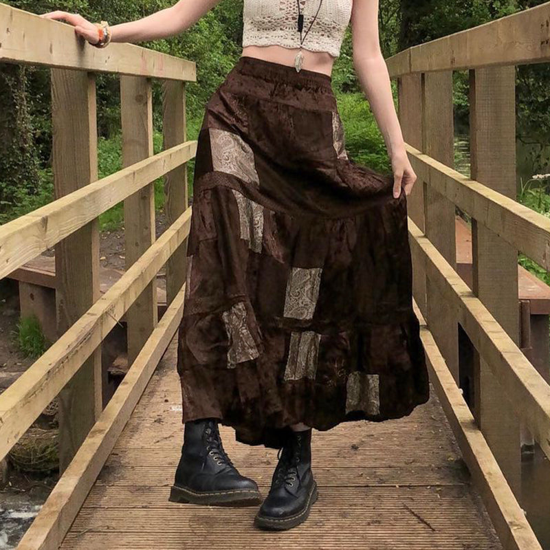 Vintage Velvet Patchwork Retro Tribal Print Skirt: Embrace the Wasteland Fashion Trend-Lovesyouforever