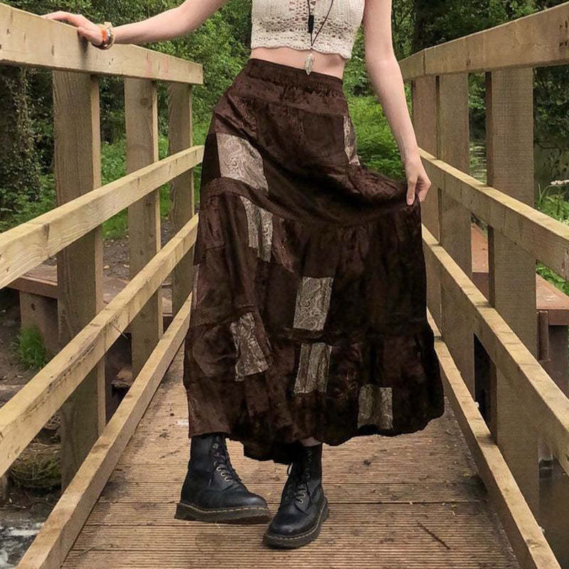 Vintage Velvet Patchwork Retro Tribal Print Skirt: Embrace the Wasteland Fashion Trend-Lovesyouforever