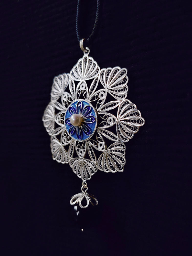 Vintage Cloisonné Silver Filigree Inlaid Freshwater Pearl Mandala Flower Necklace Pendant - Traditional Handcrafted Jewelry Gift-Lovesyouforever