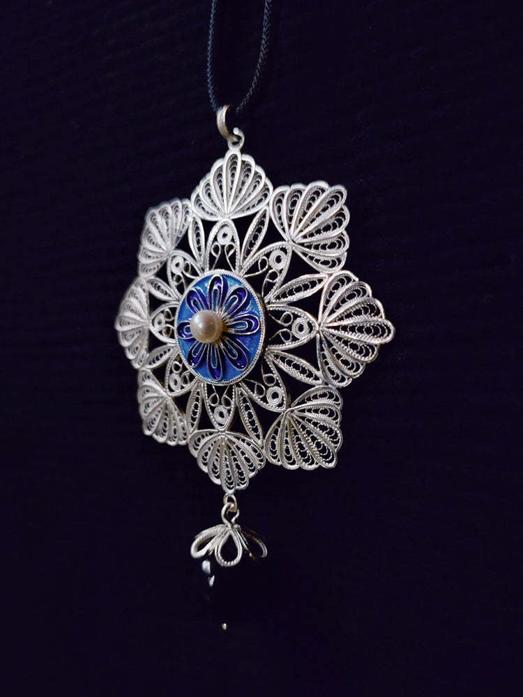 Vintage Cloisonné Silver Filigree Inlaid Freshwater Pearl Mandala Flower Necklace Pendant - Traditional Handcrafted Jewelry Gift-Lovesyouforever