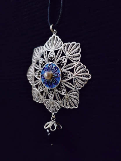 Vintage Cloisonné Silver Filigree Inlaid Freshwater Pearl Mandala Flower Necklace Pendant - Traditional Handcrafted Jewelry Gift-Lovesyouforever