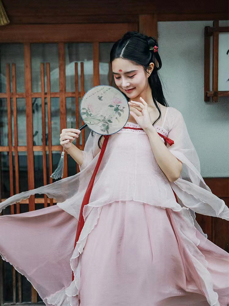 Handmade Pink Modern Hanfu Dess Daily Hanfu Skirt Chinese Style Chiffon Fairy Dress-Lovesyouforever