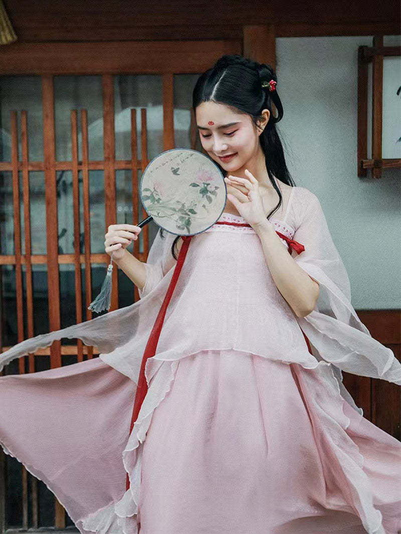 Handmade Pink Modern Hanfu Dess Daily Hanfu Skirt Chinese Style Chiffon Fairy Dress-Lovesyouforever