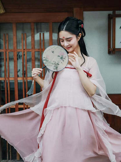 Handmade Pink Modern Hanfu Dess Daily Hanfu Skirt Chinese Style Chiffon Fairy Dress-Lovesyouforever