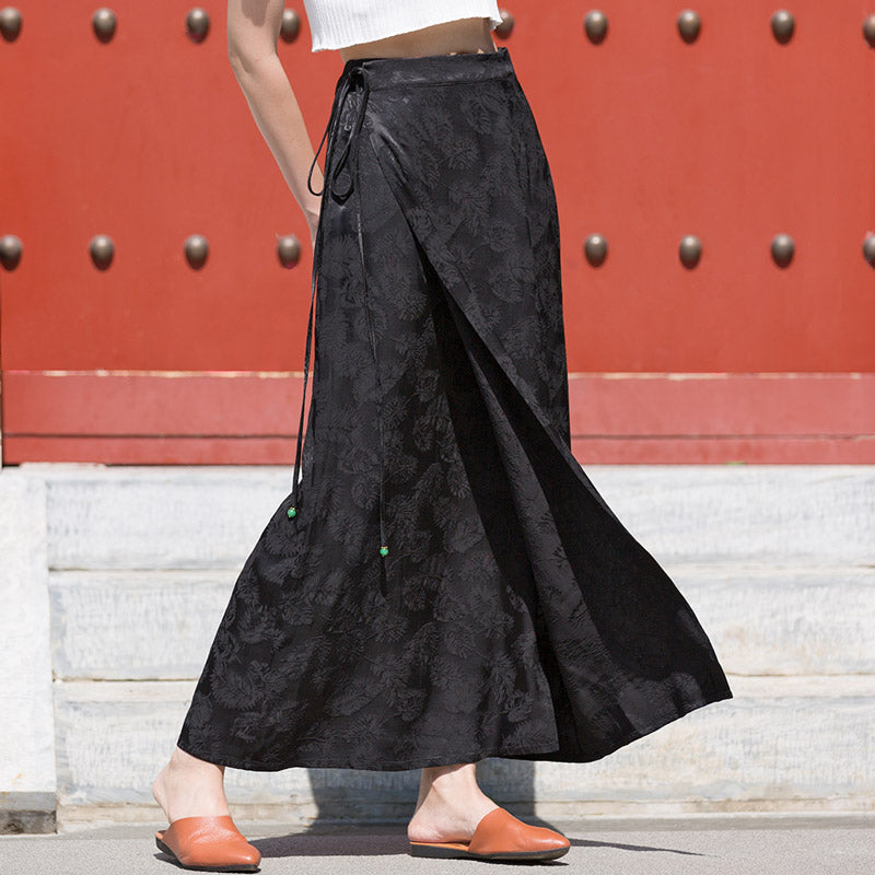 Black Vintage Chinese-style Feather Pattern Jacquard Midi Skirt for Women-Lovesyouforever