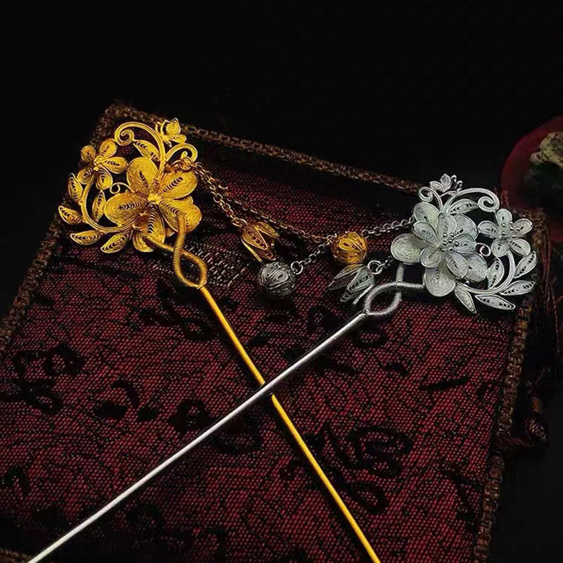 Handcrafted Vintage Chinese Style 999 Sterling Silver Filigree Flowers on the Branch with Butterfly, Flower Buds Tassel Hairpin-Lovesyouforever