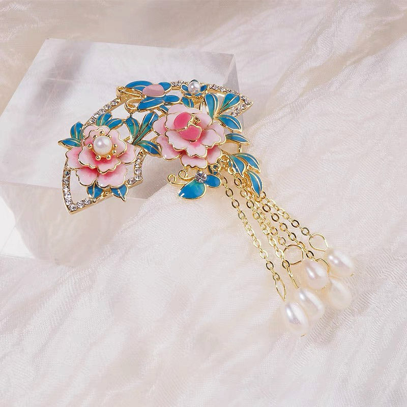 Chinese Cloisonné Pink Peony Fan-Shaped Brooch with Freshwater Pearl Tassel-Lovesyouforever