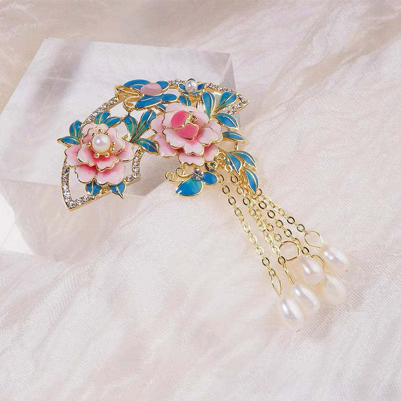 Chinese Cloisonné Pink Peony Fan-Shaped Brooch with Freshwater Pearl Tassel-Lovesyouforever