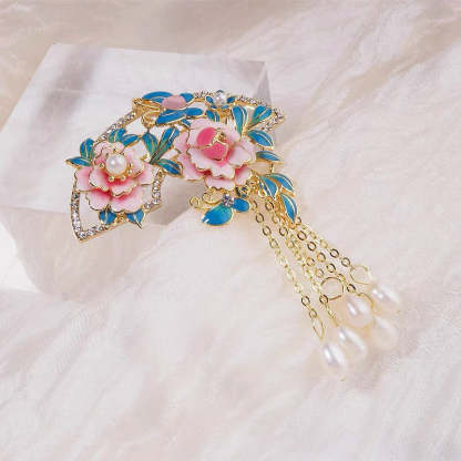 Chinese Cloisonné Pink Peony Fan-Shaped Brooch with Freshwater Pearl Tassel-Lovesyouforever