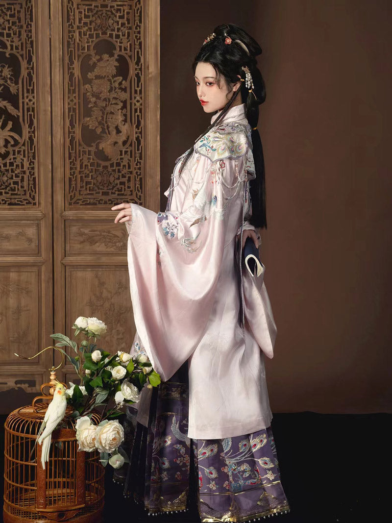 Pink Flowers and Birds Traditional Ancient Chinese Embroidered Hanfu Clothing Mamianqun Hanfu Skirt-Lovesyouforever