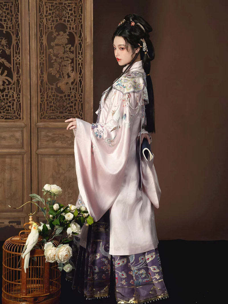 Pink Flowers and Birds Traditional Ancient Chinese Embroidered Hanfu Clothing Mamianqun Hanfu Skirt-Lovesyouforever