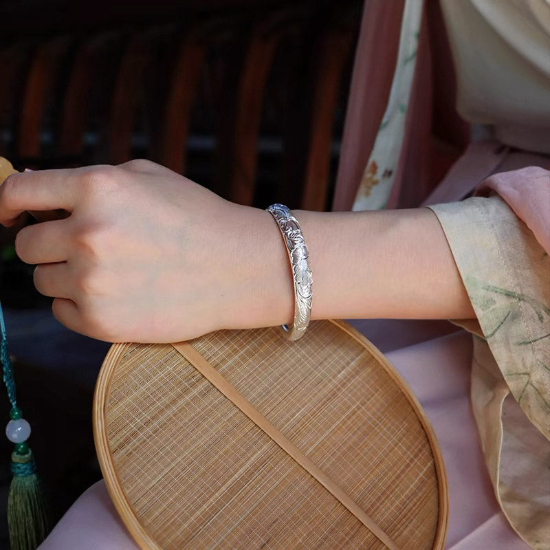 Vintage Chinese Style Hand-Carved Flower Pure Solid Silver Bangle Bracelet for Women-Lovesyouforever