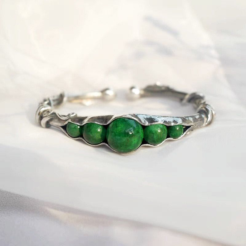 Natural Inspired Handmade 999 Solid Silver Pea Pod Bangle Bracelet with Inlaid Jade-Lovesyouforever