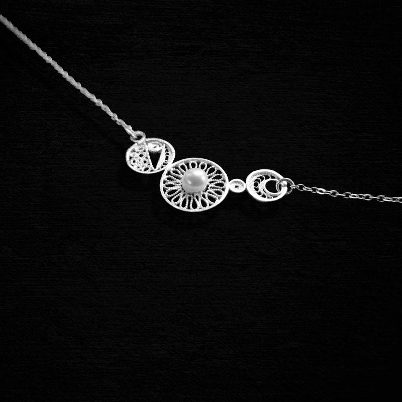 Plain Silver Filigree Geometric Silver Necklace Inlaid with Natural Freshwater Pearls-Lovesyouforever