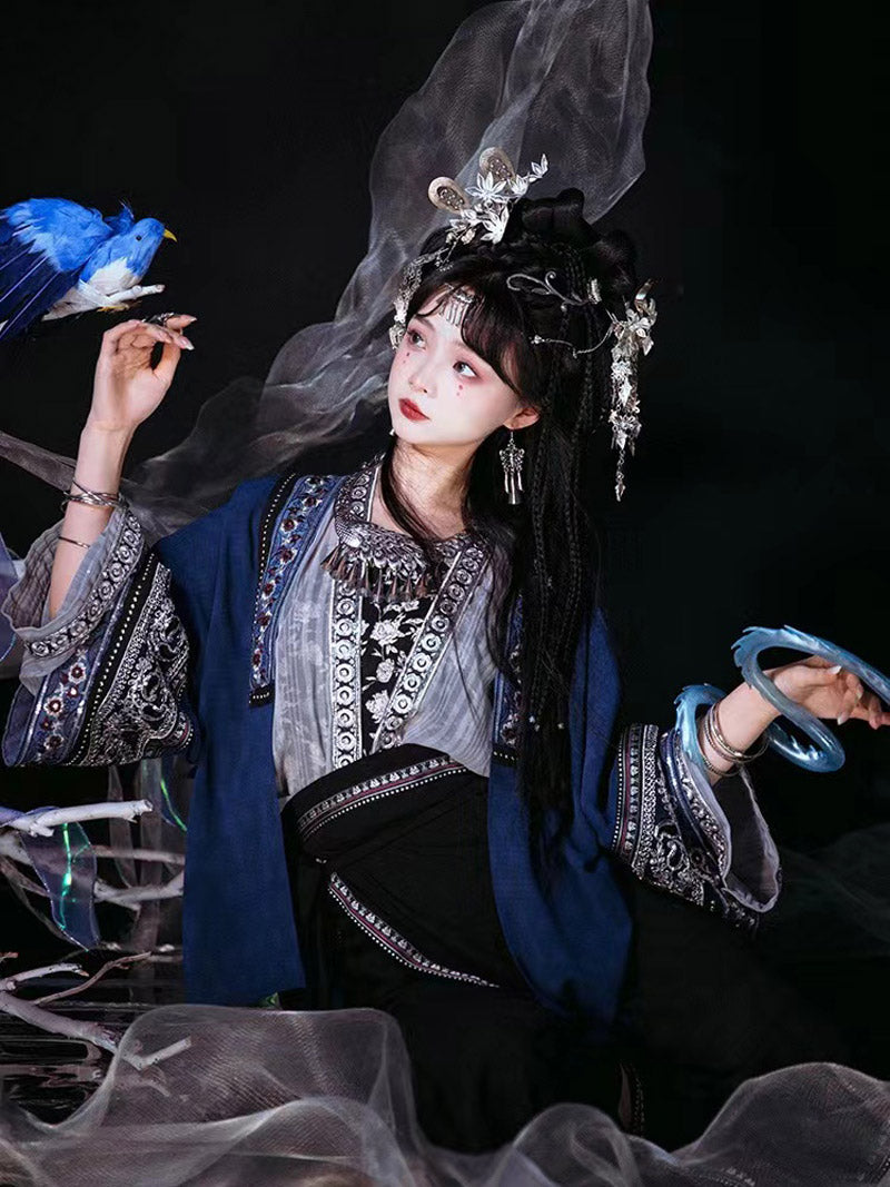 Miao Ethnic Minority Blue Embroidery Morden Hanfu Skirt Set-Lovesyouforever