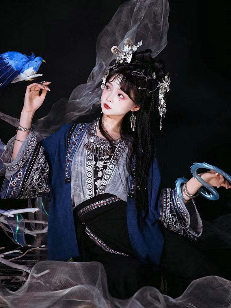 Miao Ethnic Minority Blue Embroidery Morden Hanfu Skirt Set-Lovesyouforever
