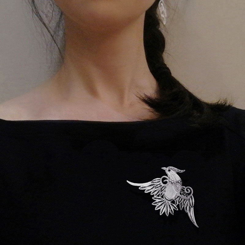 Vintage Plain Silver Filigree Auspicious Bird Phoenix Brooch for Women-Lovesyouforever
