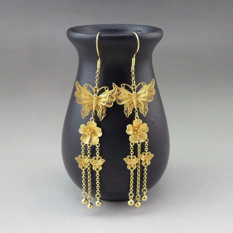 Handcrafted Vintage 999 Sterling Silver Double Butterfly Tassel Filigree Earrings-Lovesyouforever