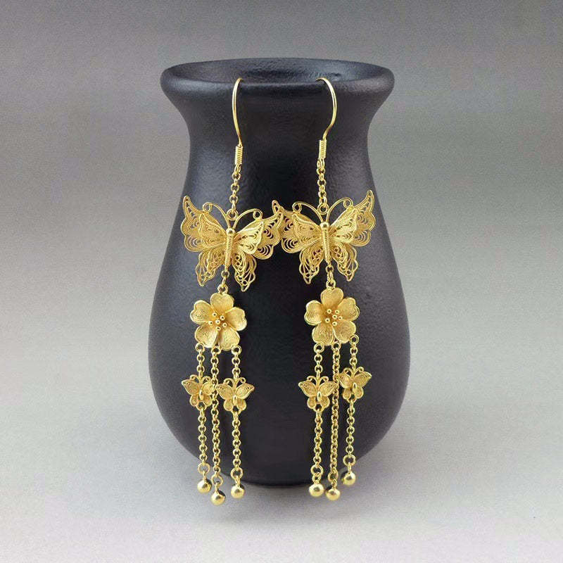 Handcrafted Vintage 999 Sterling Silver Double Butterfly Tassel Filigree Earrings-Lovesyouforever