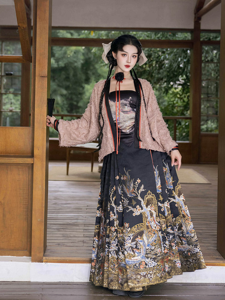 Magpie Herald of Joy – Chinese Magpie and Plum Blossom Brocade Woven Gold Mini Mamianqun Hanfu Skirt-Lovesyouforever