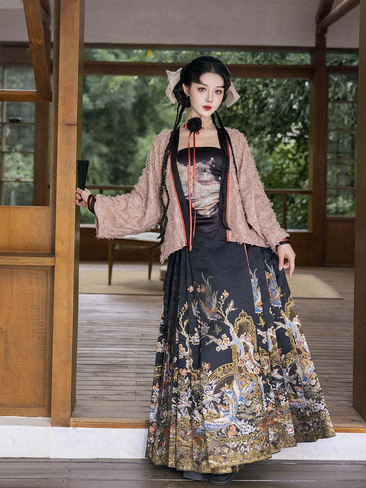 Magpie Herald of Joy – Chinese Magpie and Plum Blossom Brocade Woven Gold Mini Mamianqun Hanfu Skirt-Lovesyouforever