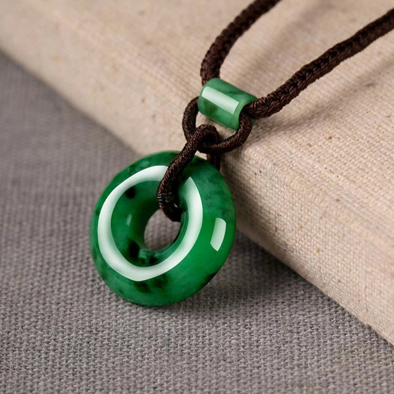 Natural Emerald Green Ice Jadeite Jade Chinese「Ping An Kou」Pendant Necklace for Women and Men-Lovesyouforever