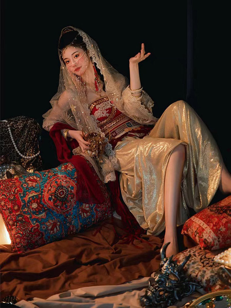 Red Dunhuang Feitian Style Embroidery Hanfu Costume Set-Lovesyouforever