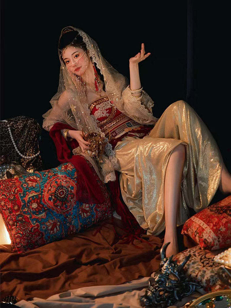 Red Dunhuang Feitian Style Embroidery Hanfu Costume Set-Lovesyouforever