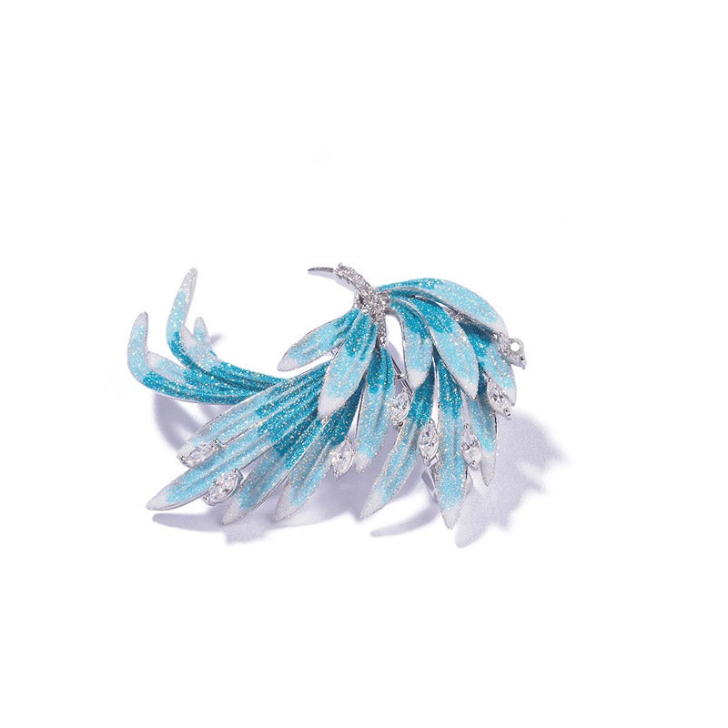Chinese Style Vintage Enamel Inlaid Zircon Blue Gradient Phoenix Tail Brooch-Lovesyouforever