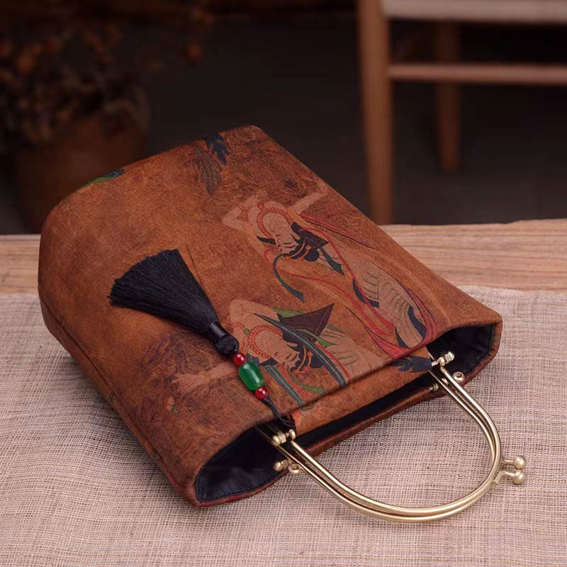 Vintage Chinese Style Retro Brown Feitian Flying Apsaras Silk Handbag with Tassel Charm-Lovesyouforever