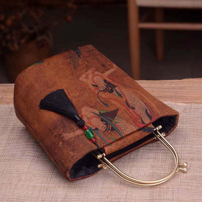 Vintage Chinese Style Retro Brown Feitian Flying Apsaras Silk Handbag with Tassel Charm-Lovesyouforever
