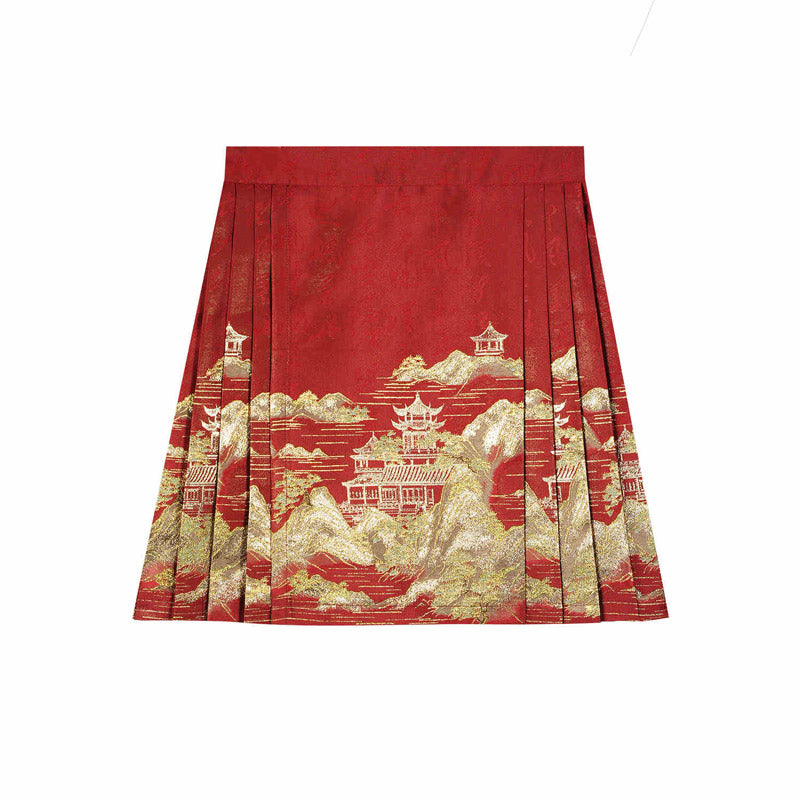 Mountains, Waters, and Pavilions – Woven Gold Short Mamianqun Skirt Neo-Hanfu Mini Skirt-Lovesyouforever