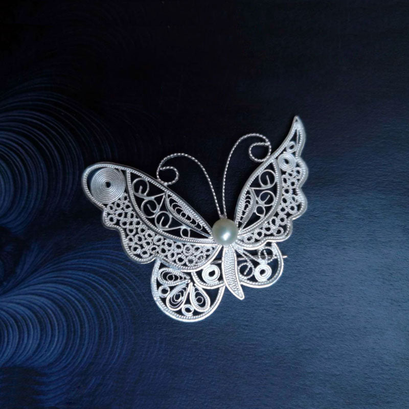 Vintage Plain Silver Filigree Butterfly Brooch Inlaid with Natural Freshwater Pearl-Lovesyouforever