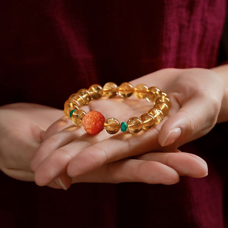Natural Yellow Citrine Bracelet with South Red Agate Pixiu and Turquoise Beads-Lovesyouforever