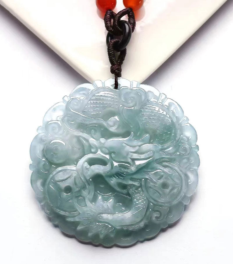Hand Carved Round Natural Ice Jadeite Jade Chinese Dragon Pendant Necklace-Lovesyouforever