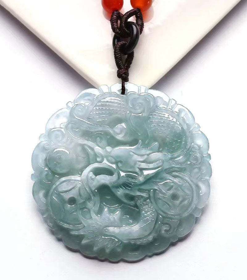 Hand Carved Round Natural Ice Jadeite Jade Chinese Dragon Pendant Necklace-Lovesyouforever