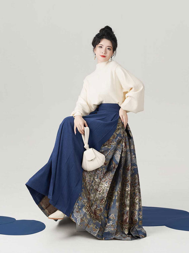 Vintage Chinese Blue Tang Dynasty Floral Tree and Bird Pattern Hanfu Mamianqun Skirt-Lovesyouforever
