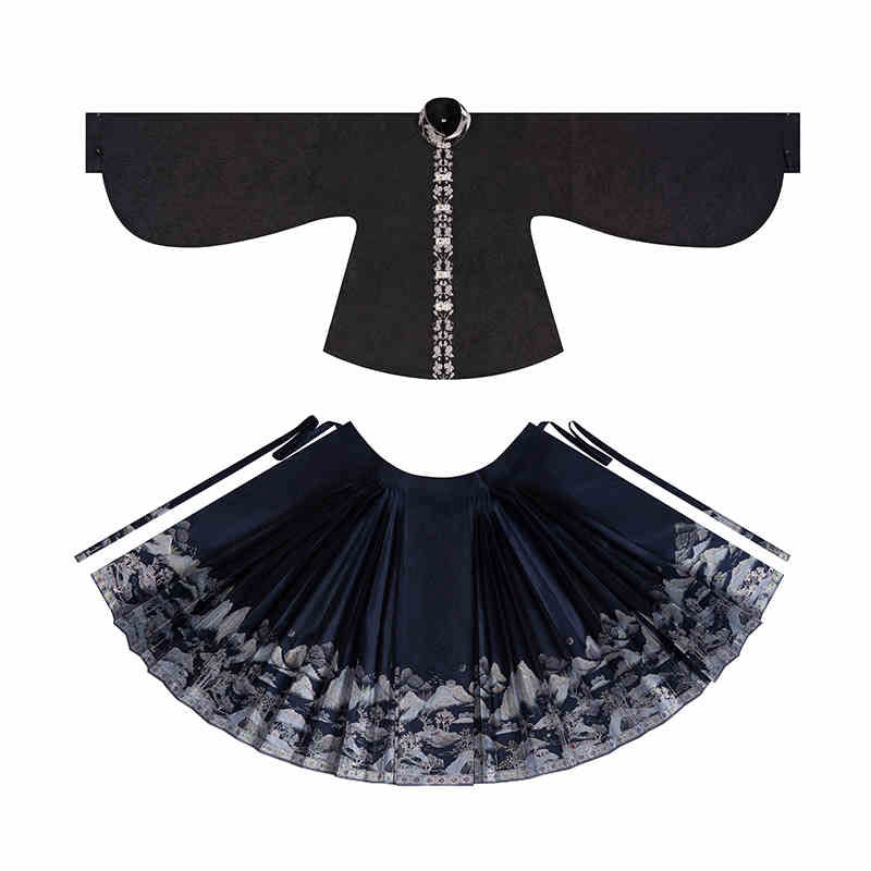 Mountain, Sea, Moon, and Brightness - Mamianqun Skirt with Vertical-collar Double-breasted Shirt Daily Hanfu Set-Lovesyouforever