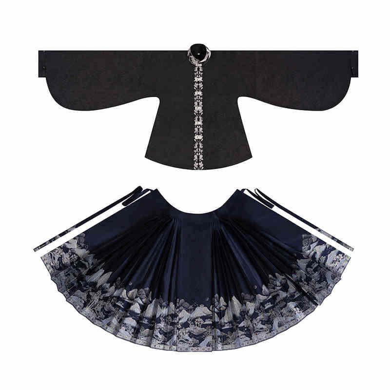 Mountain, Sea, Moon, and Brightness - Mamianqun Skirt with Vertical-collar Double-breasted Shirt Daily Hanfu Set-Lovesyouforever