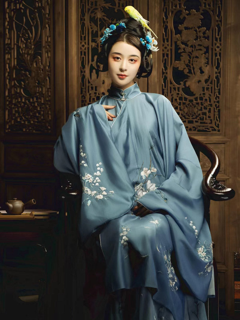 The Scent of Flowers on a Rainy Night Misty Blue Embroidery Hanfu Clothing-Lovesyouforever