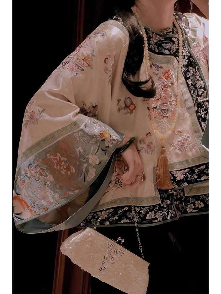 New Chinese-style Beige Han Elements Printed Jacquard Blouse Top with Traditional Frog Closure-Lovesyouforever