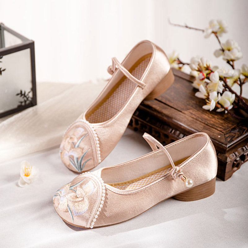 Orchid Flower Embroidery Ankle Strap Low Heel Shoes-Lovesyouforever