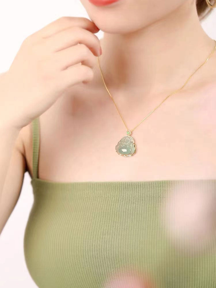 18K Gold Inlay Natural Ice Jadeite Jade Laughing Buddha「Happiness」Pendant Necklace for Men and Women-Lovesyouforever
