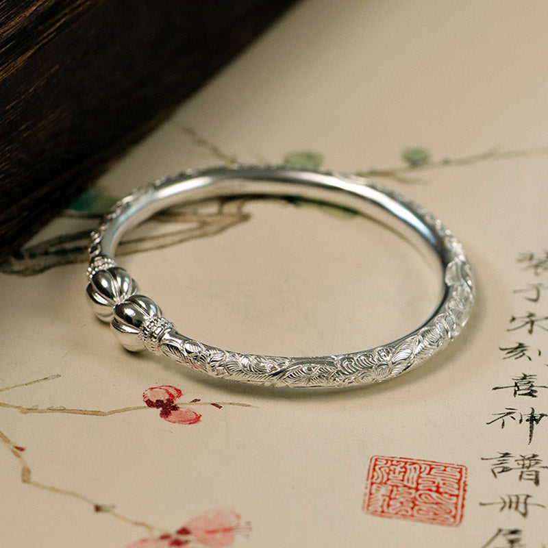 Vintage Chinese Style Hand-Carved Peony Flower Pure Solid Silver Bangle Bracelet with Pumpkin Shaped Opening Cuff-Lovesyouforever